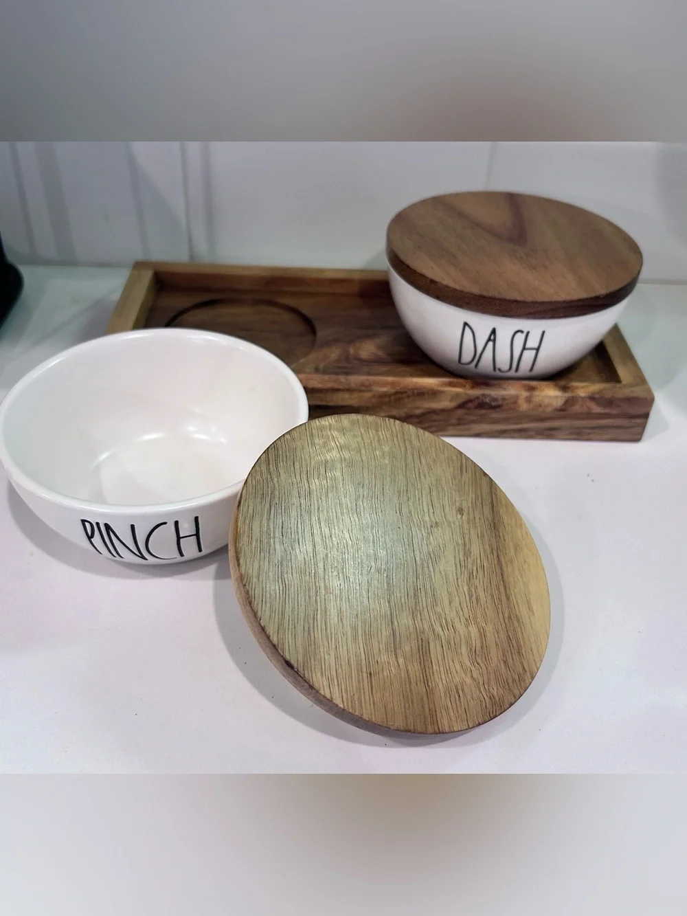 RAE DUNN SALT & PEPPER CELLAR SET WITH TRAY